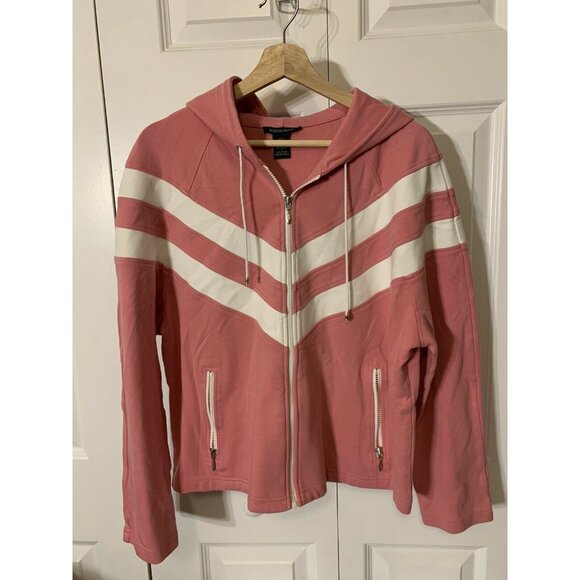 BOSTON PROPER Sz L Black Cotton Windbreaker‎ Full Zip Pink Stripes - Picture 3 of 6